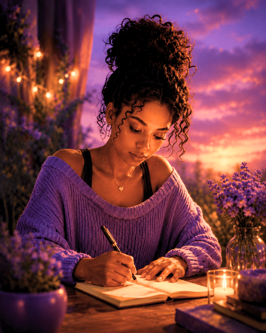 Amara L. Stone writing in a journal in a peaceful evening setting