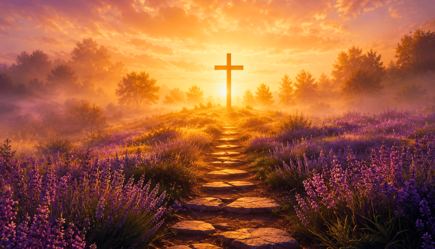 A peaceful stone pathway through purple flowers leading toward a glowing cross