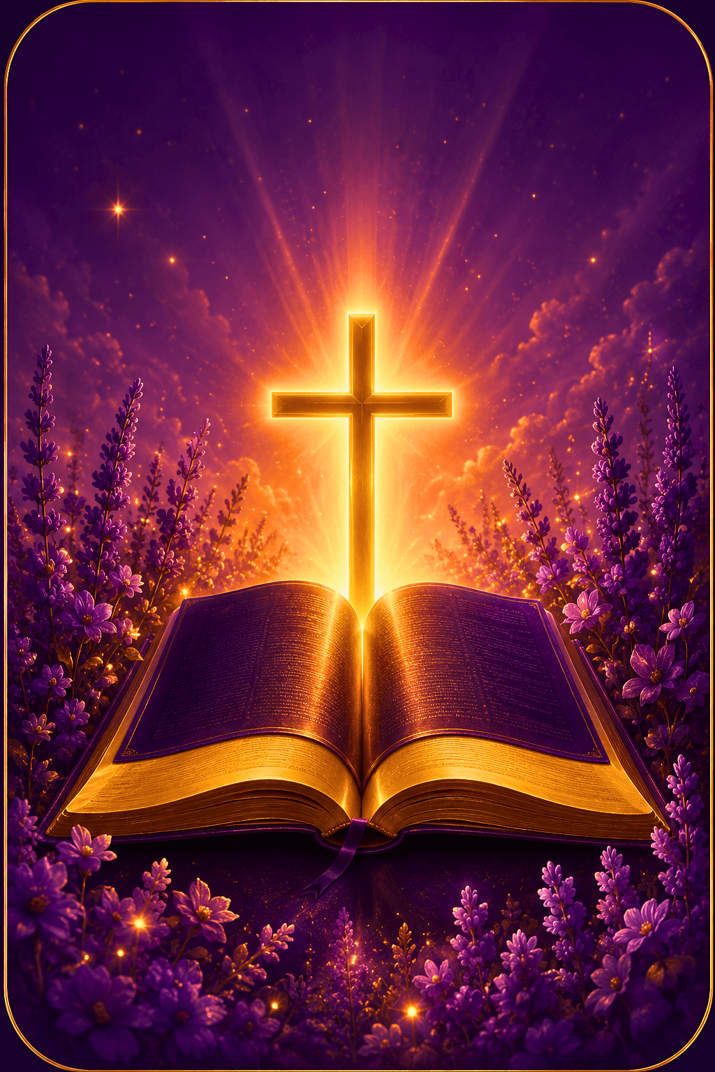 An open Bible illuminated by a golden cross and surrounded by purple flowers