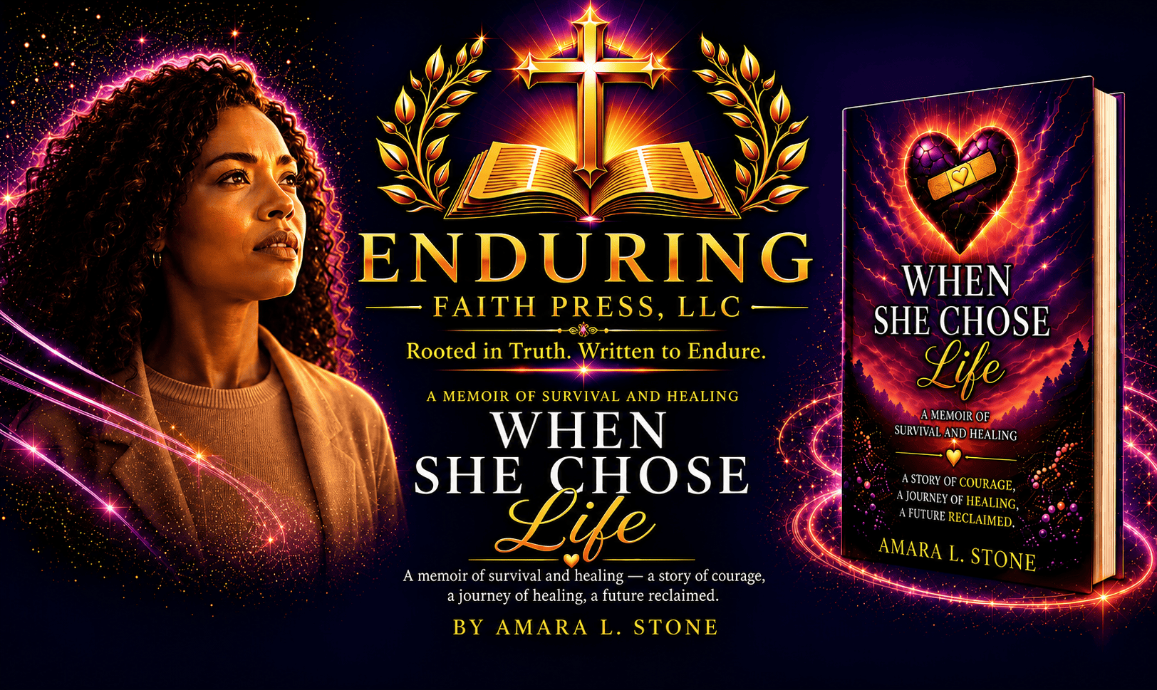 Hopeful woman beside the When She Chose Life book cover and Enduring Faith Press emblem